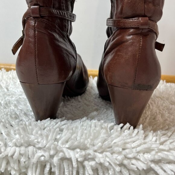Frye Lisa Slouchy Pleated Pull On Leather Heeled Boots Mid Calf Brown Size 6‎ - Picture 11 of 16